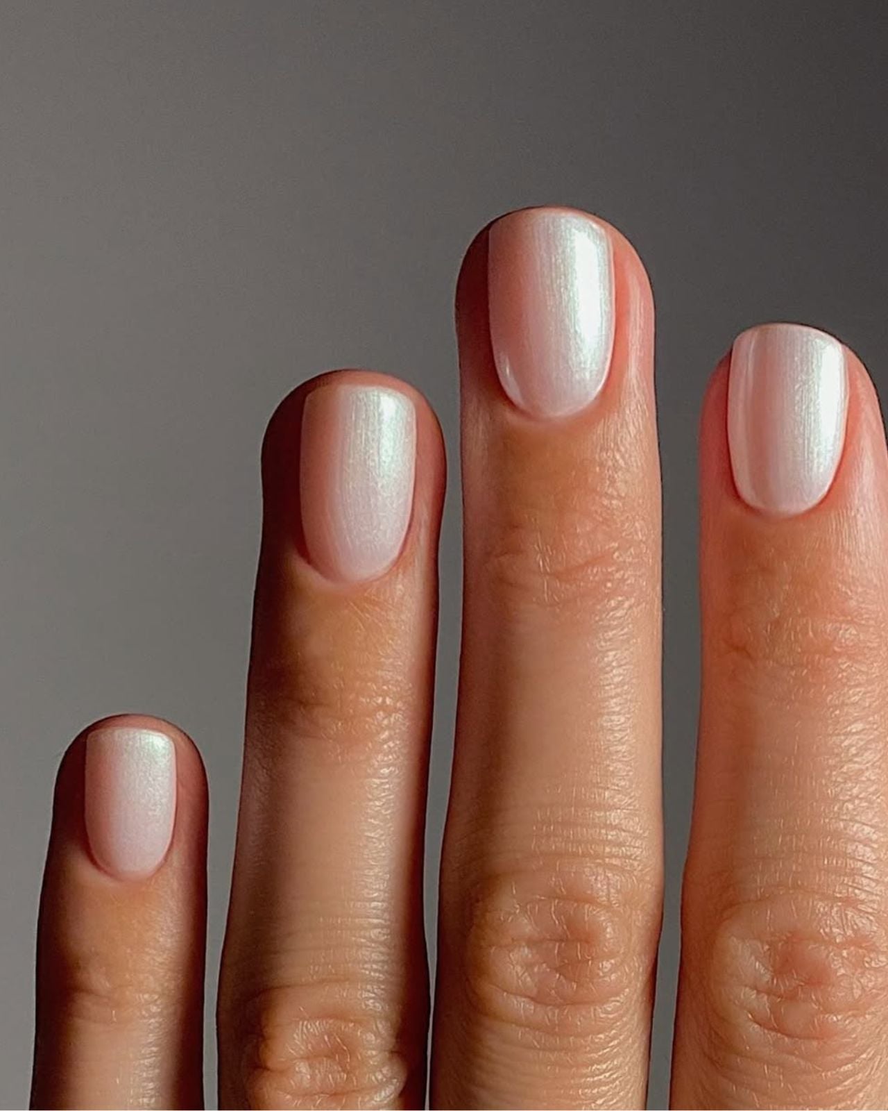 Pale Pearlescent White Shimmer Short Rounded Square Nails — Winter White Nails