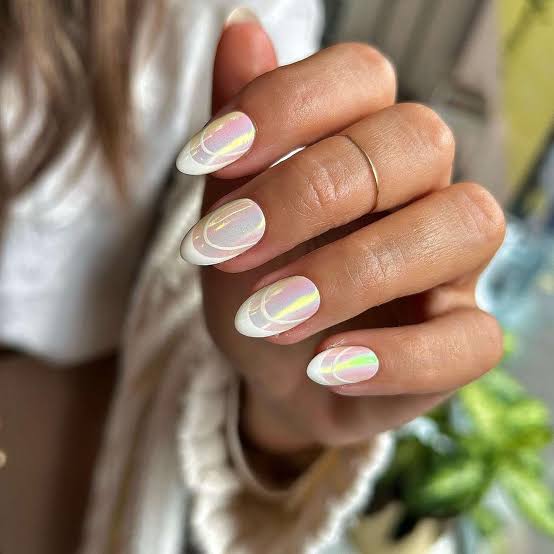 Sheer Nude Almond Nails With Iridescent French Tips — Winter White Nails