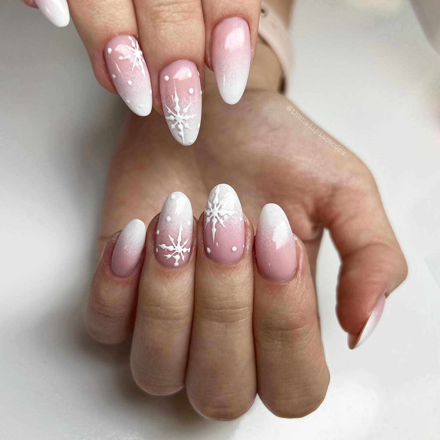 Winter White Snowflake Ombre Almond Nails
