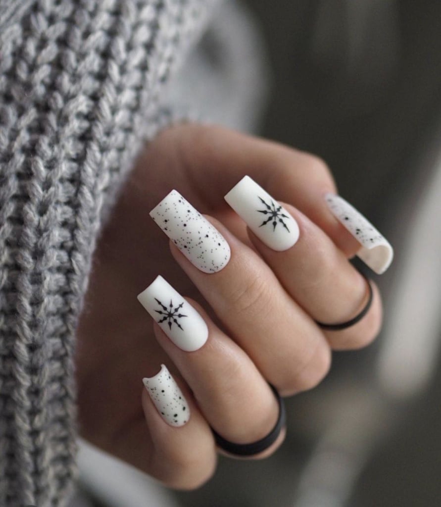 Long Square Matte White Black Speckle Snowflake Nails — Winter Wonderland Nails