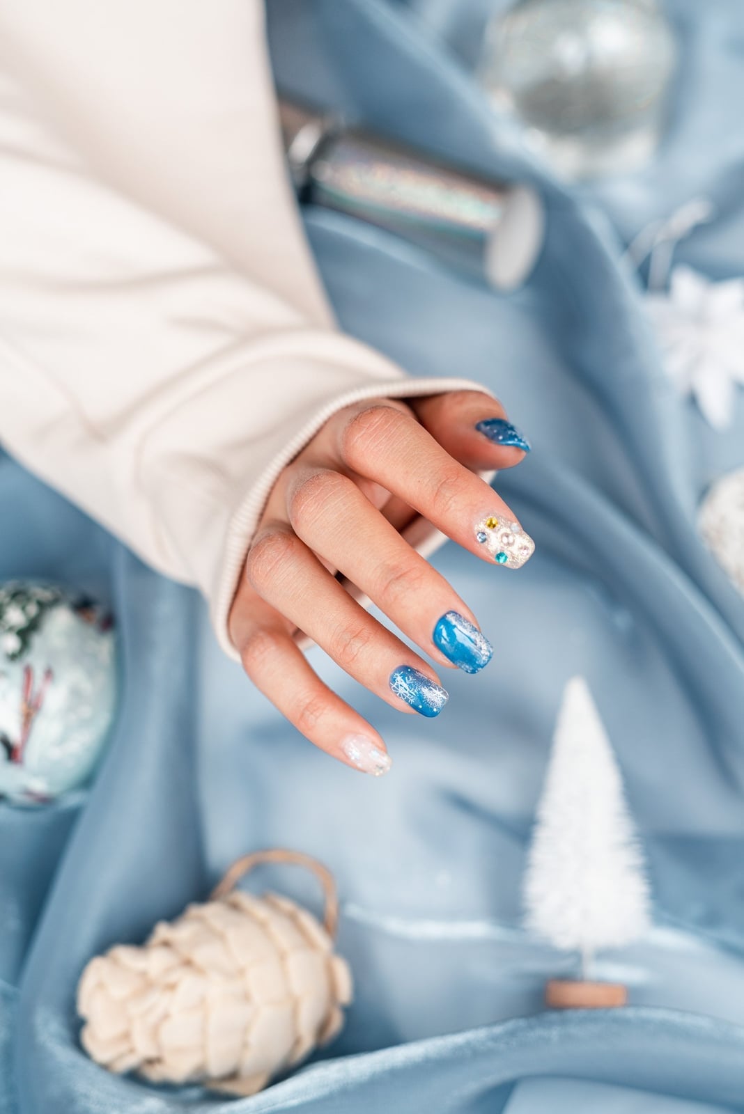 Short Square Blue Glitter Snowflake Rhinestone Nails, Close-Up Take — Winter Wonderland Nails