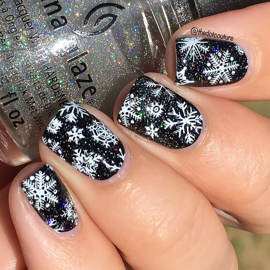 Short Oval Black Glitter Snowflake Nails — Winter Wonderland Nails