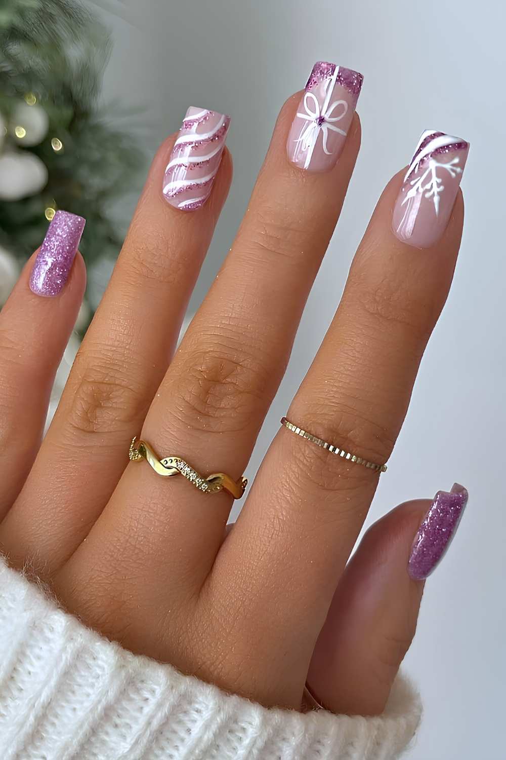 Short Square Purple Glitter Pink White Bow Snowflake Nails — Winter Wonderland Nails