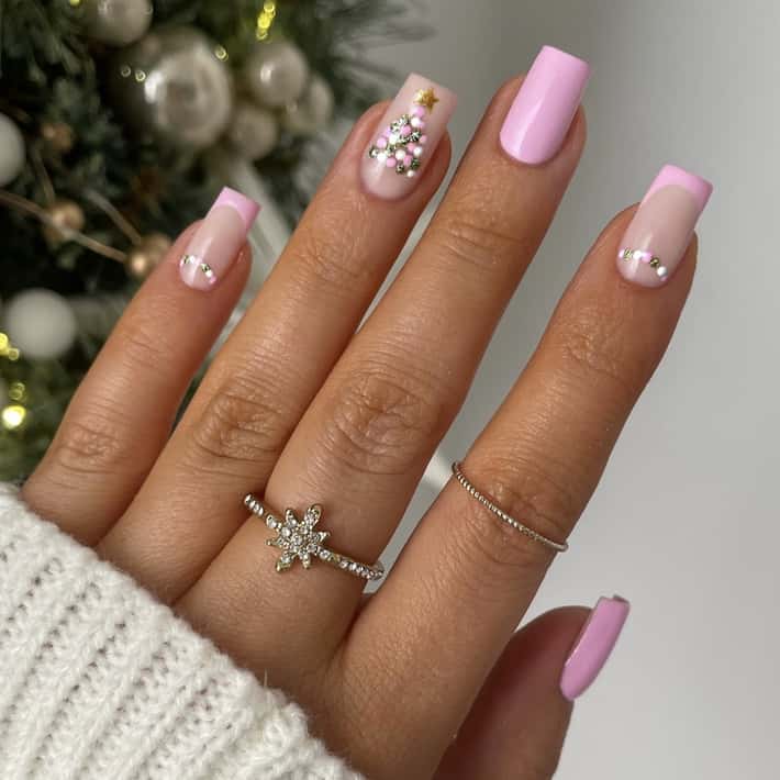 Short Square Pastel Pink Nude Christmas Tree Rhinestone Nails — Winter Wonderland Nails