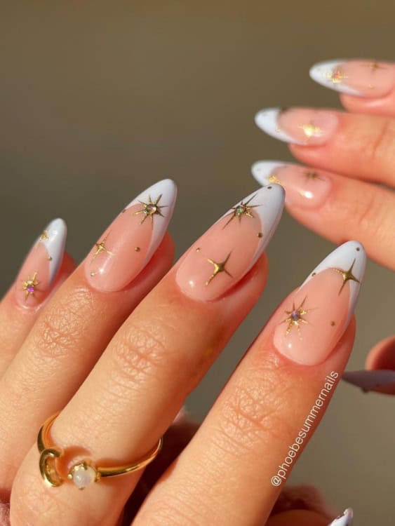 Medium Almond Pink White French Gold Starburst Rhinestone Nails — Winter Wonderland Nails