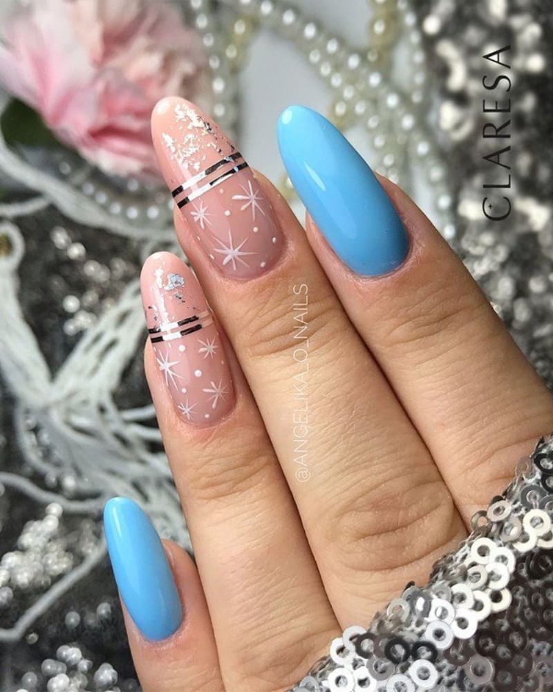 Long Oval Light Pink Blue Snowflake Stripe Nails — Winter Wonderland Nails