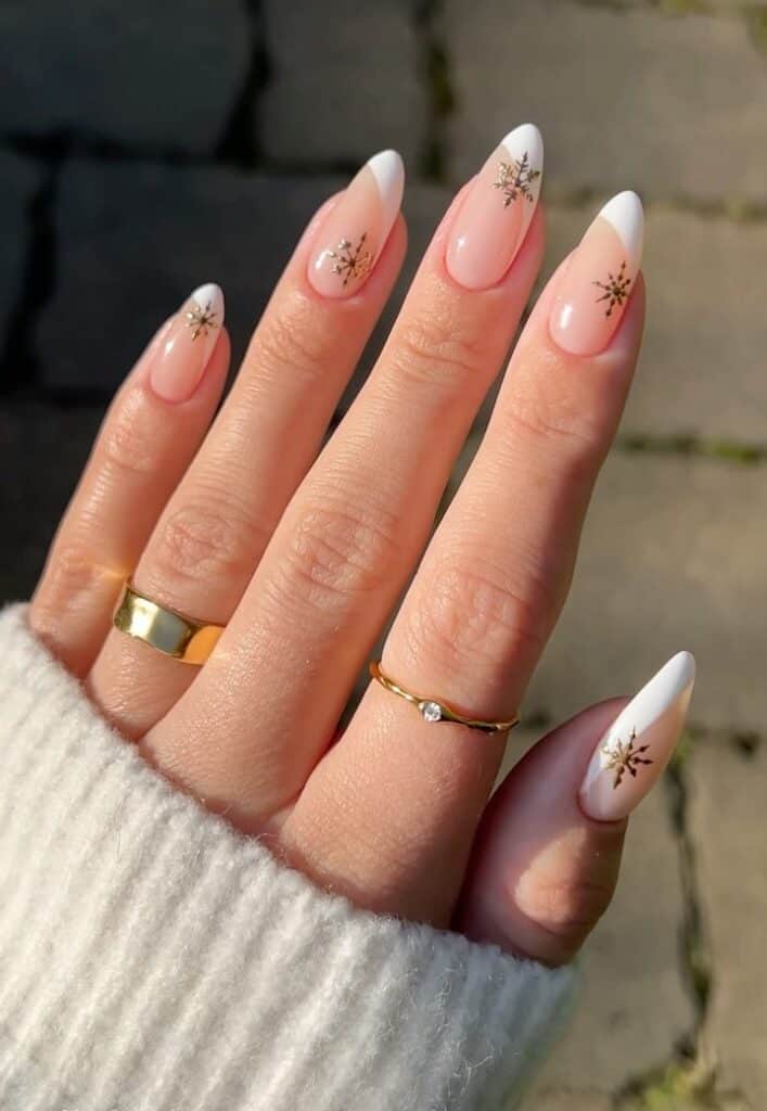 Medium Almond Pink Nude White French Gold Snowflake Nails, миндальные — Winter Wonderland Nails