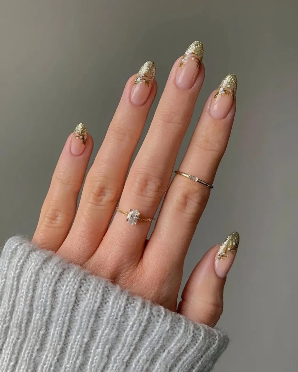 Medium Almond Sheer Pink Gold Glitter Floral French Nails — Winter Wonderland Nails