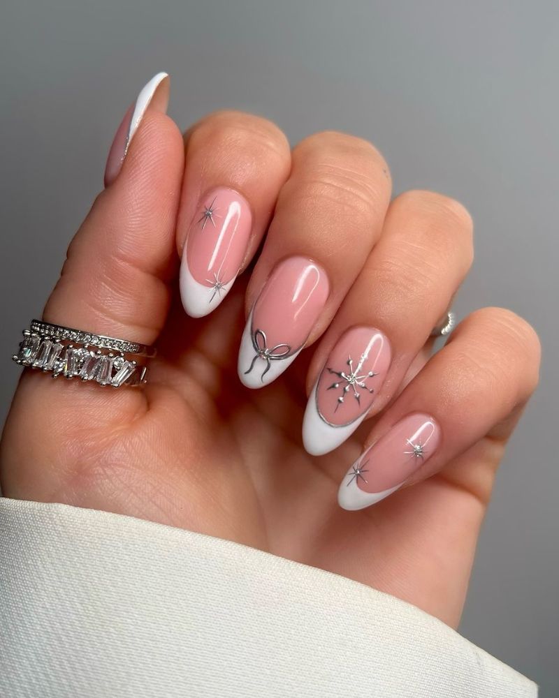 Medium Almond Pink White French Silver Bow Starburst Nails, Glossy — Winter Wonderland Nails