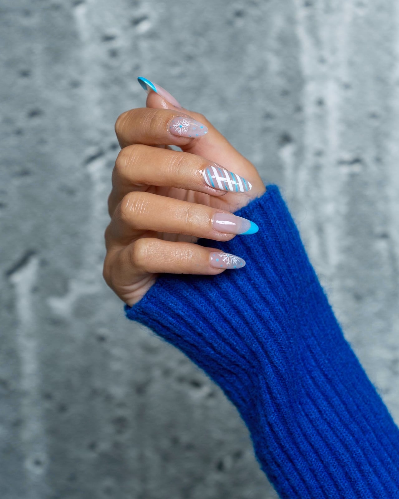 Medium Almond Sheer Light Blue French Snowflake Nails — Winter Wonderland Nails