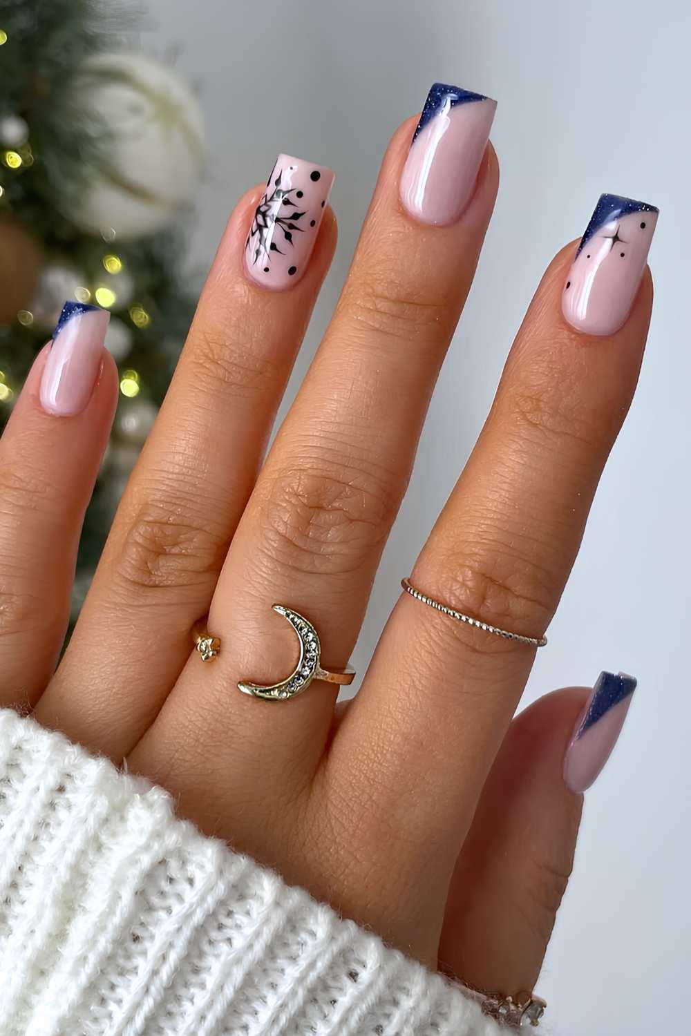 Medium Square Sheer Pink Dark Blue Snowflake Nails — Winter Wonderland Nails