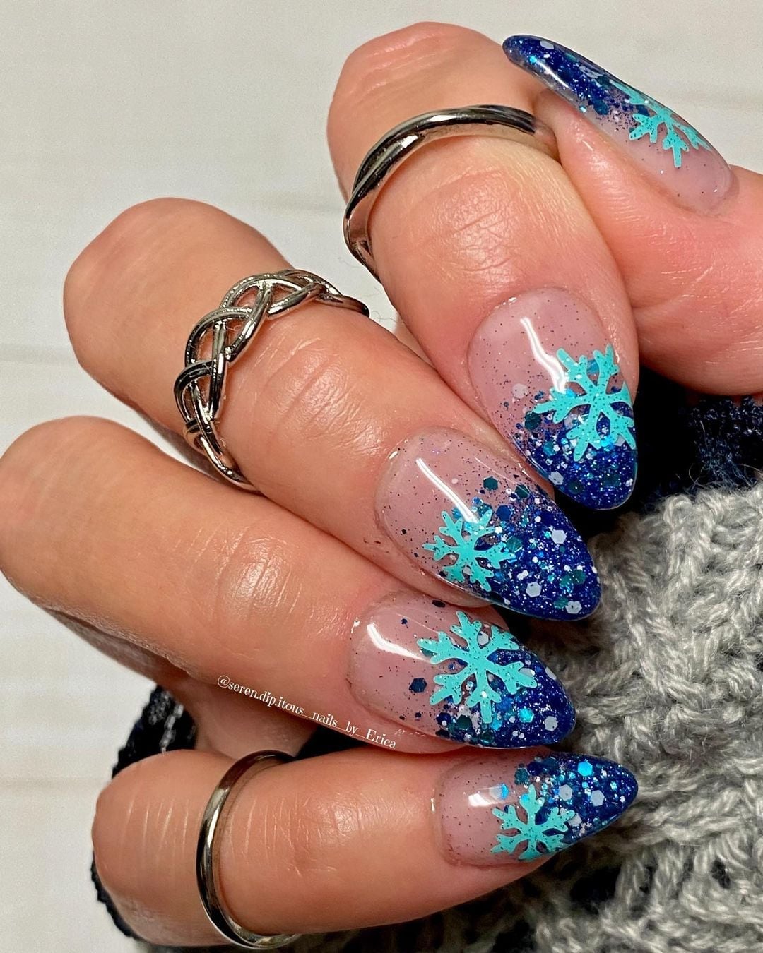 Medium Almond Nude Navy Blue Gradient Snowflake Glitter Nails — Winter Wonderland Nails