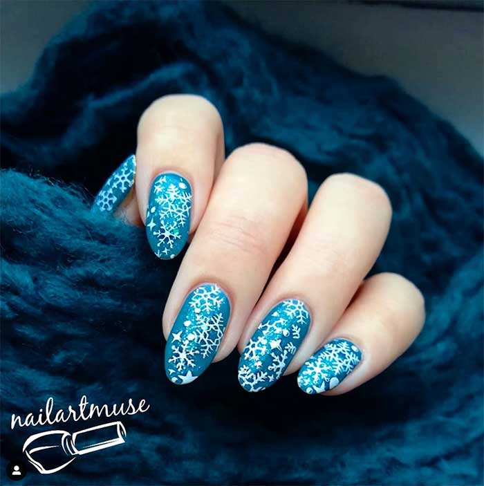 Medium Almond Navy Blue Light Blue Ombre Snowflake, Close-Up Take — Winter Wonderland Nails