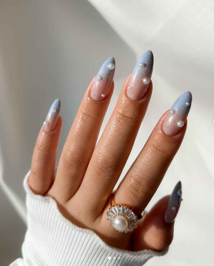Medium Almond Sharp Blue Pink Glitter Snowflake Rhinestone Nails — Winter Wonderland Nails