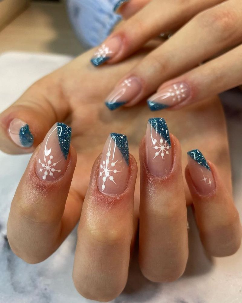Medium Coffin Glitter Blue French Snowflake Nails — Winter Wonderland Nails