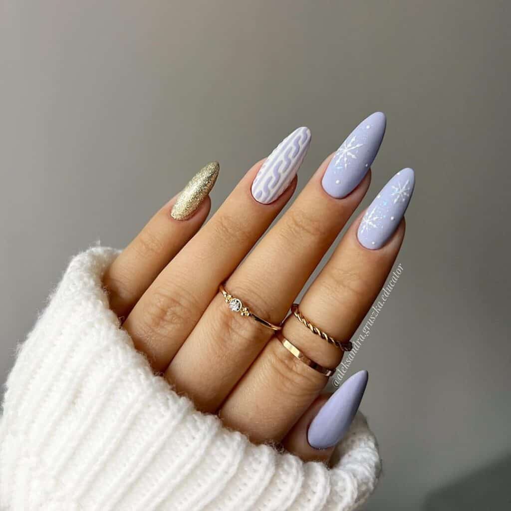 Medium Almond Matte Periwinkle Blue Gold Glitter Cable Knit Snowflake — Winter Wonderland Nails