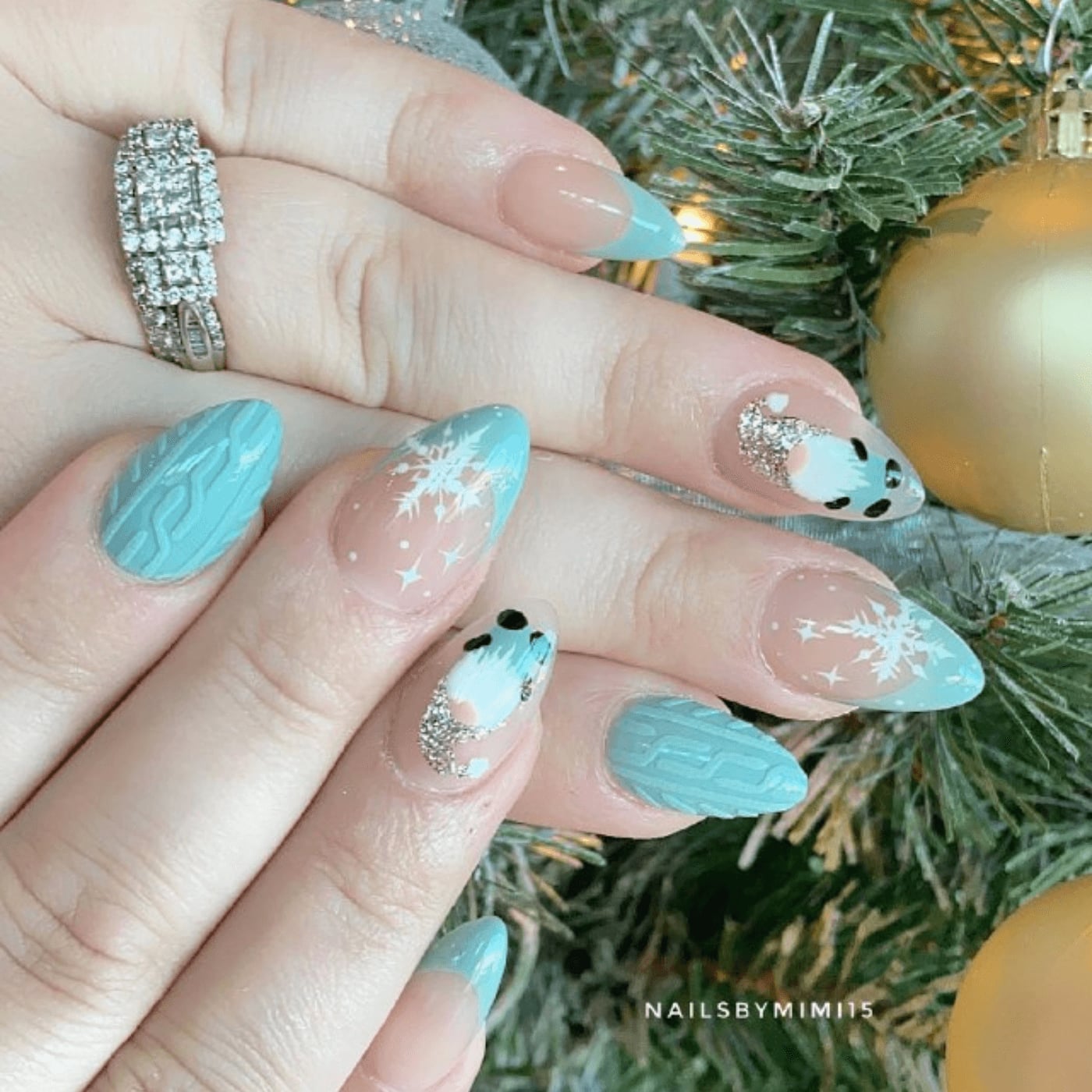 Medium Stiletto Light Blue Cable Knit Animal Snowflake Nails — Winter Wonderland Nails