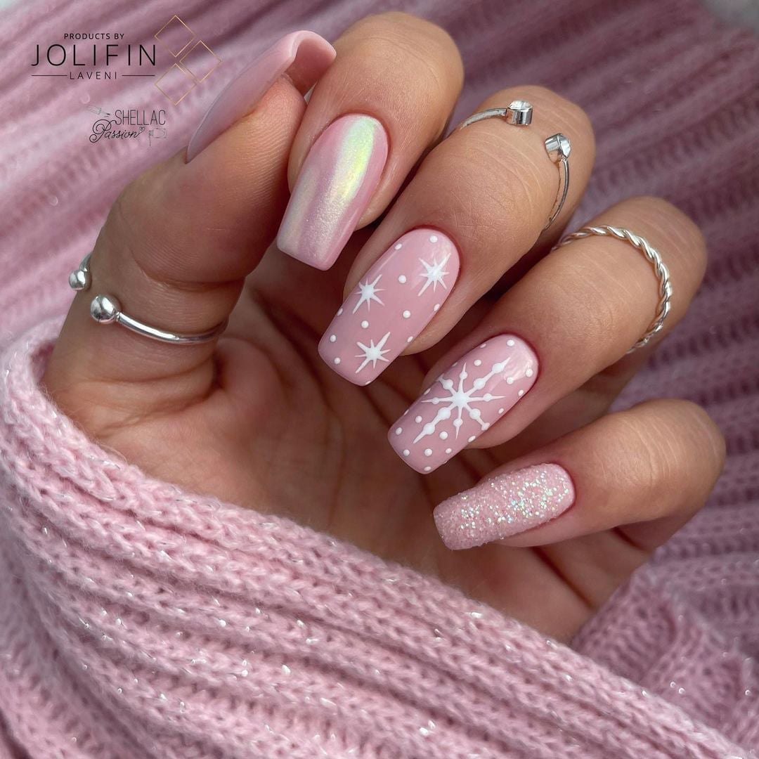 Medium Square Pale Pink Iridescent Glitter Snowflake Nails — Winter Wonderland Nails