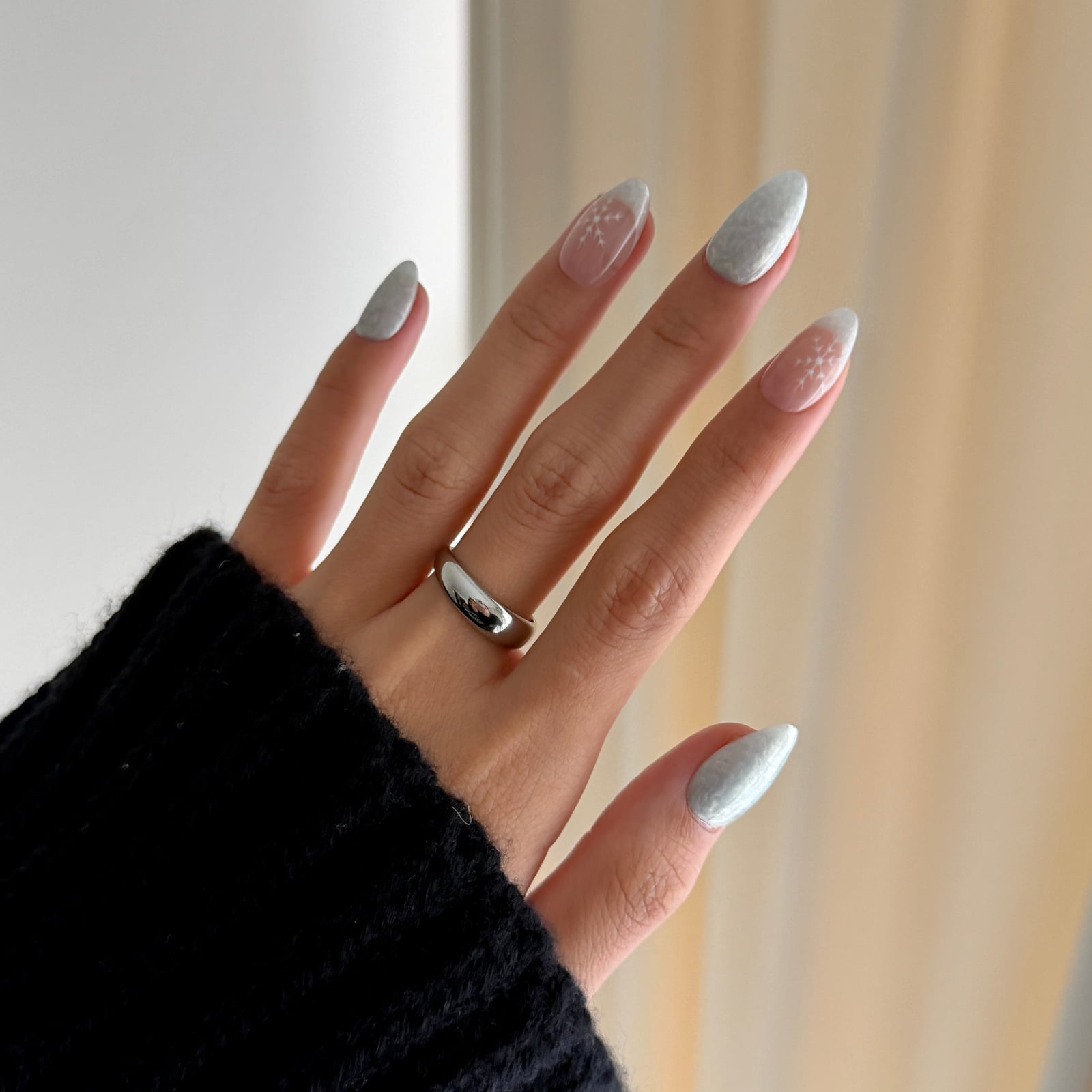 Medium Almond Pale Blue Gray French Snowflake Nails, Glossy — Winter Wonderland Nails
