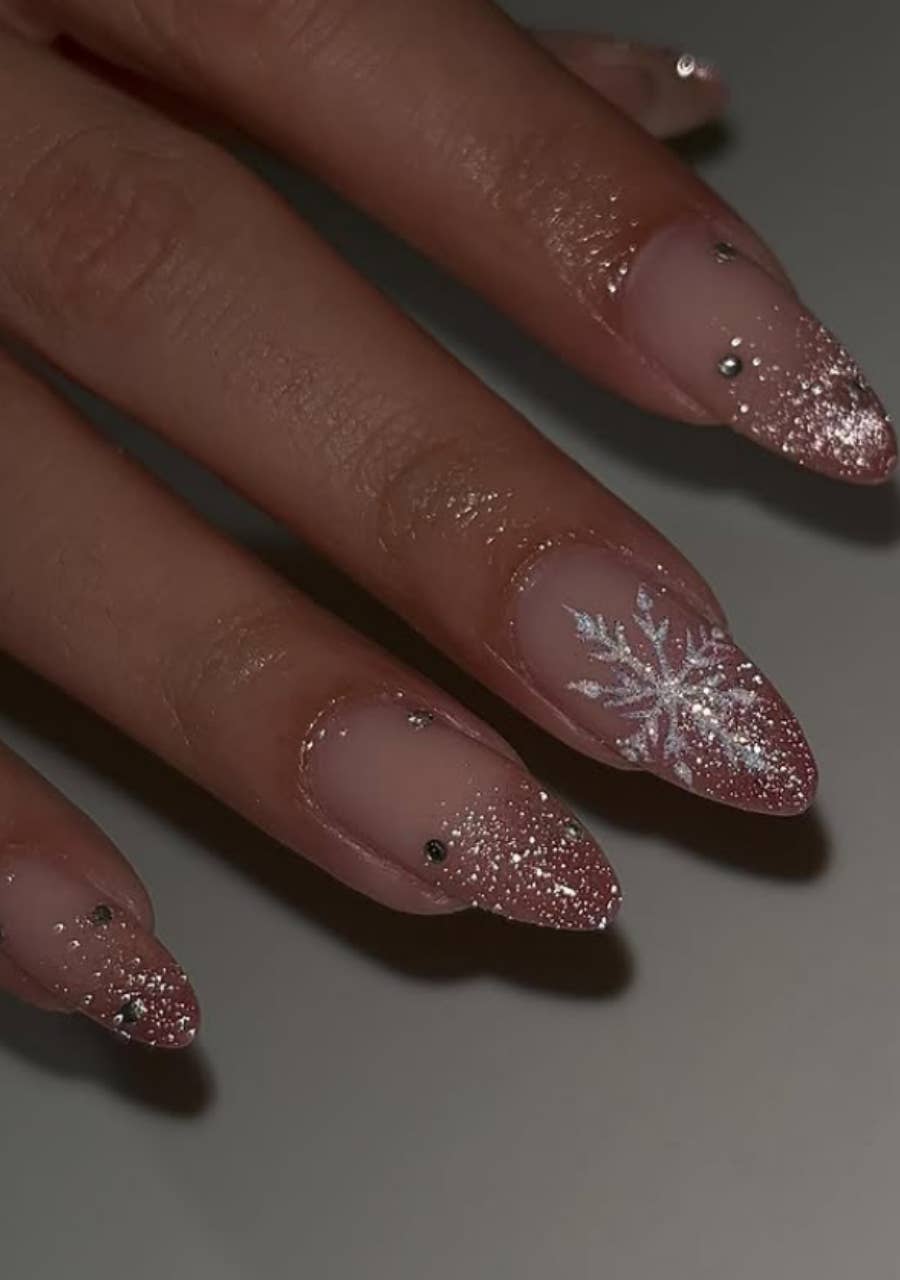 Medium Almond Pink White French Lace Snowflake Nails — Winter Wonderland Nails