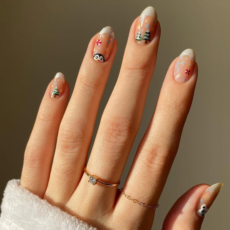 Medium Almond Clear Glitter Tip Holiday Motif Nails — Winter Wonderland Nails