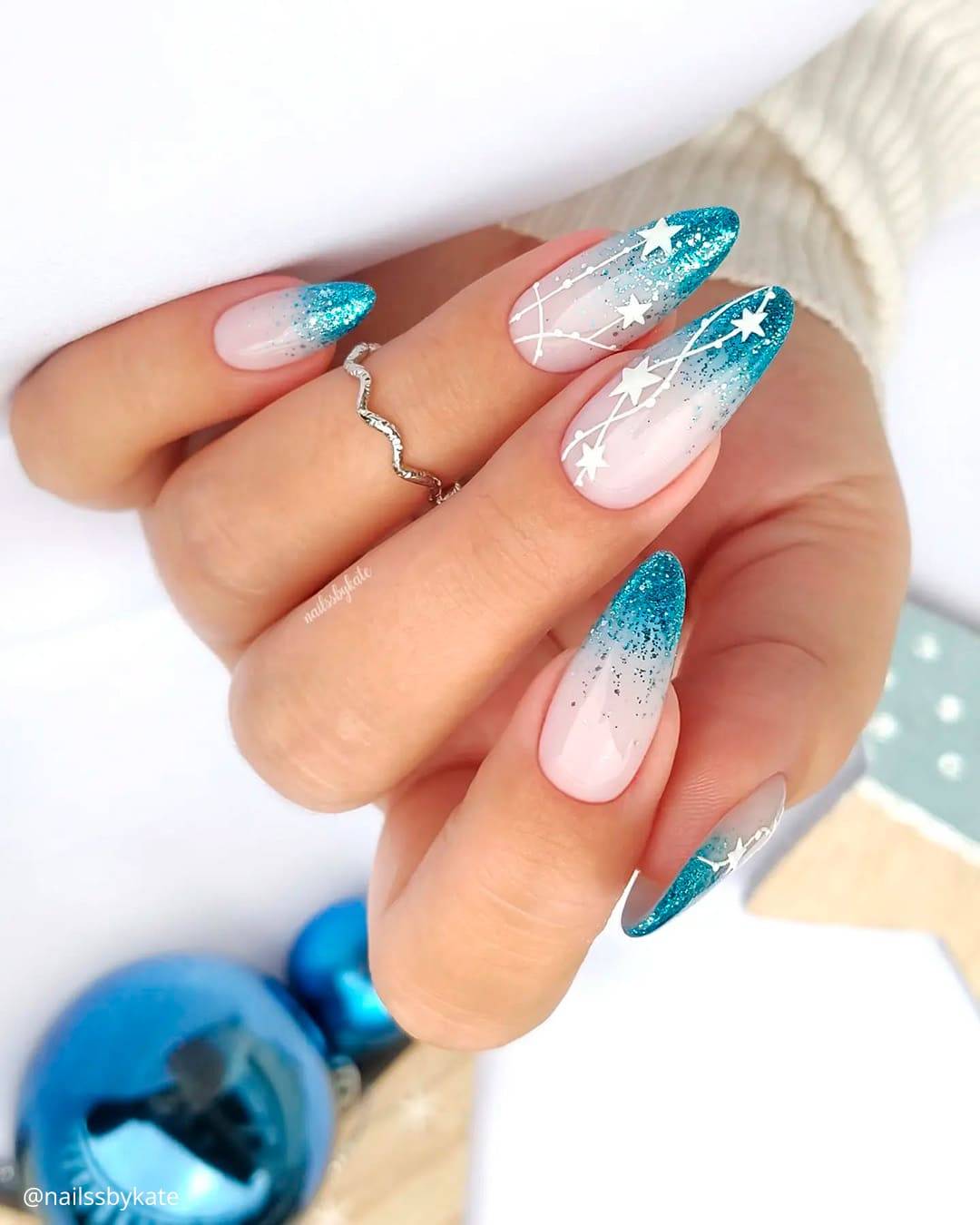 Long Almond Pink Teal Glitter Star Line Nails — Winter Wonderland Nails