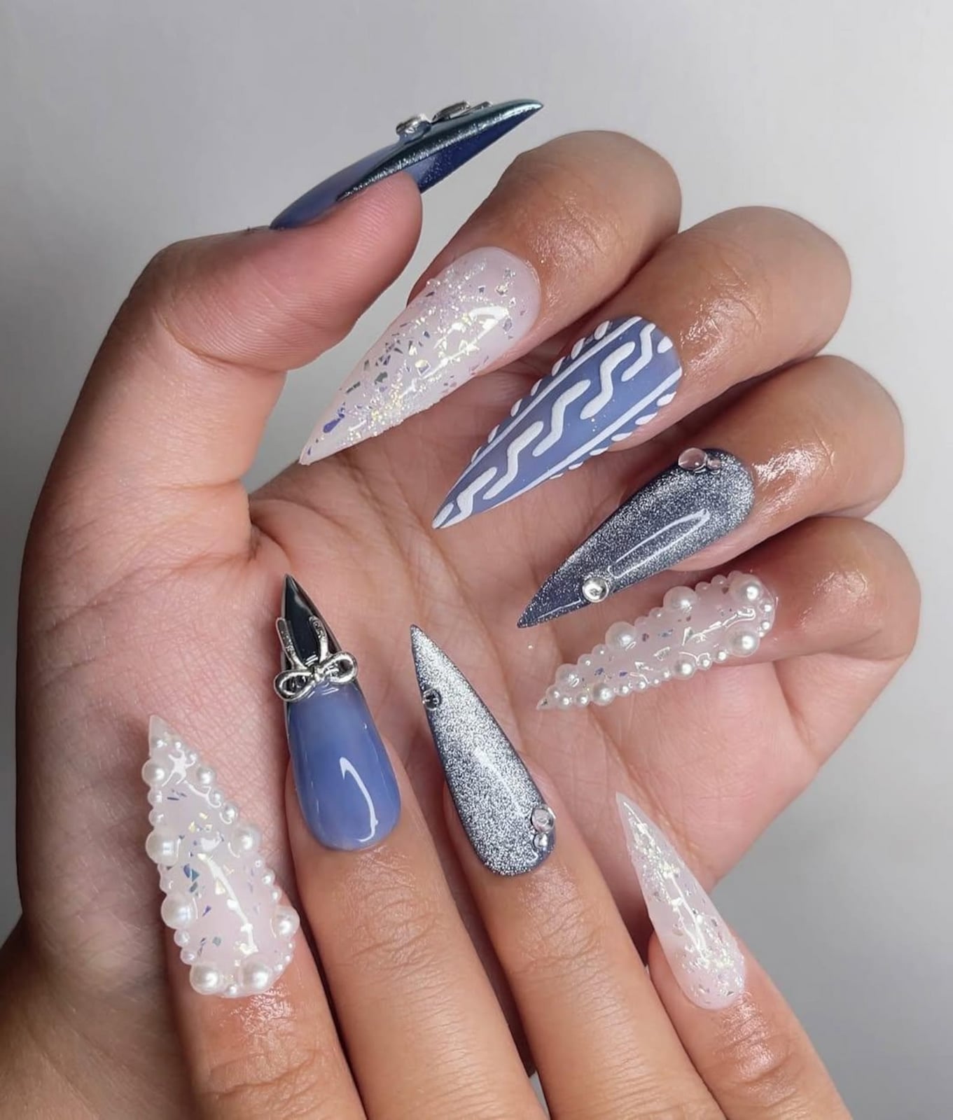 Long Stiletto Pearl Rhinestone Cable Knit Nails — Winter Wonderland Nails
