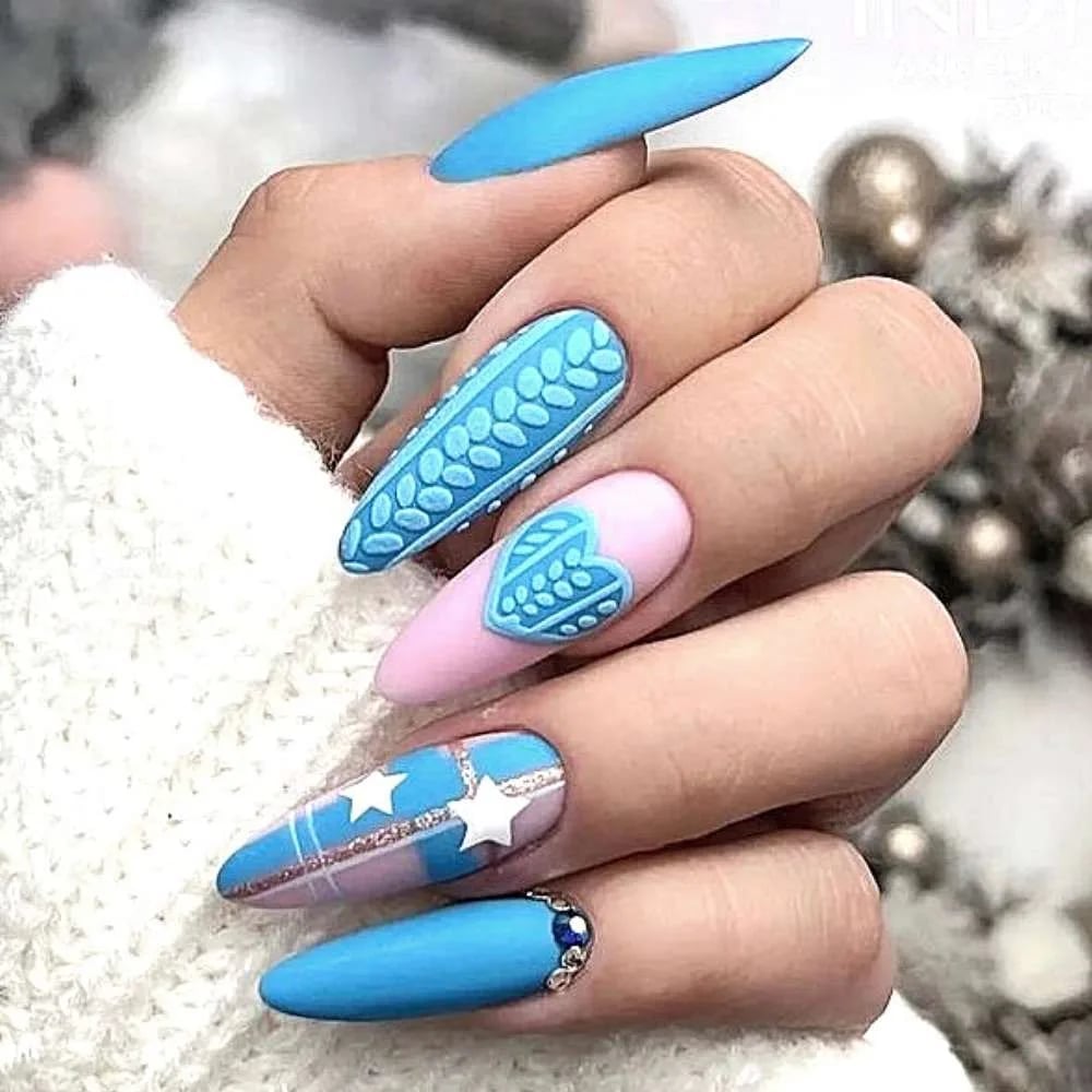Long Coffin Matte 3D Sweater Heart Nails, Close-Up Take — Winter Wonderland Nails
