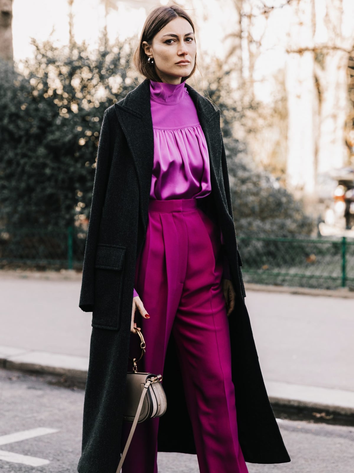 Magenta Satin Top and Trousers with a Gray Wool Coat — Winter Work Outfits