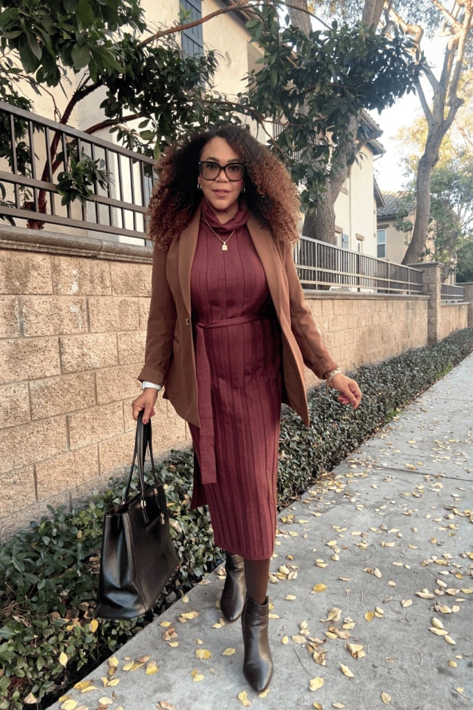 Burgundy Knit Dress with a Brown Blazer and White Shirt — Winter Work Outfits
