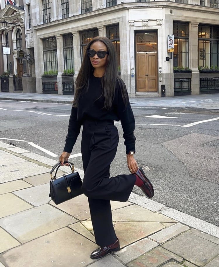 Black Sweater and Wide-Leg Trousers with Burgundy Loafers — Winter Work Outfits