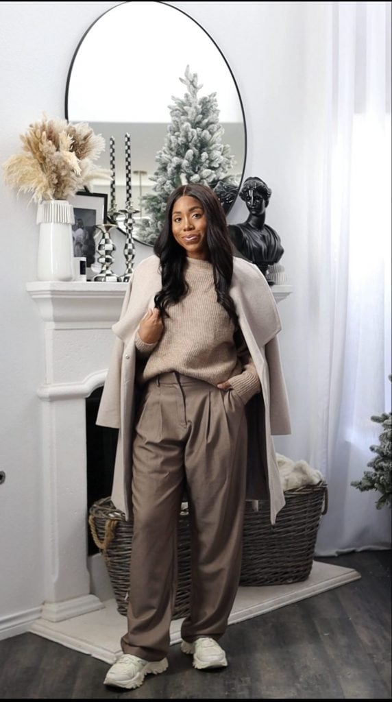Light Gray Oversized Coat with Beige Sweater, Office-Safe Version — Winter Work Outfits