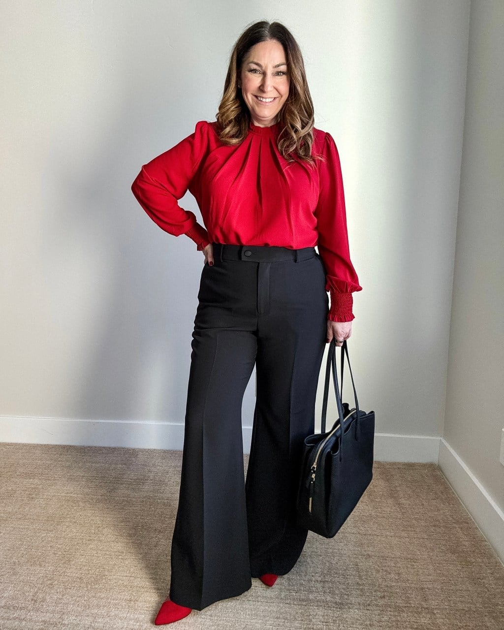 Vibrant Red Silk Blouse with High-Waisted Black Trousers — Winter Work Outfits