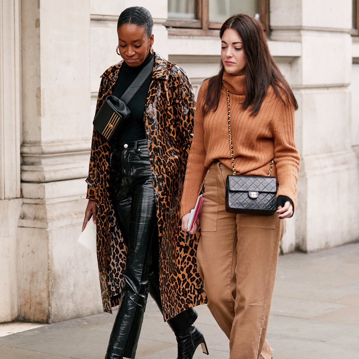 Leopard Print Trench Coat Over Black Patent Leather Trousers — Winter Work Outfits