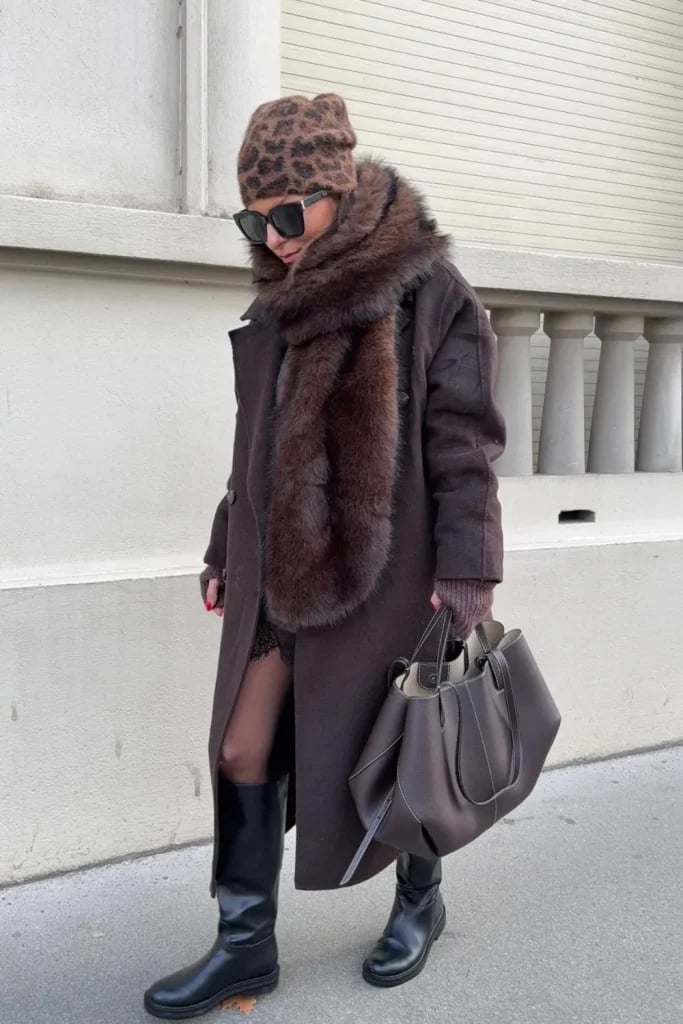 Long Brown Coat with Leopard Print Hat and Faux Fur Scarf — Winter Work Outfits
