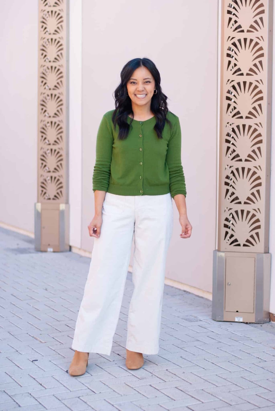 Green Cardigan with Cream Wide-Leg Pants for Casual Work — Winter Work Outfits