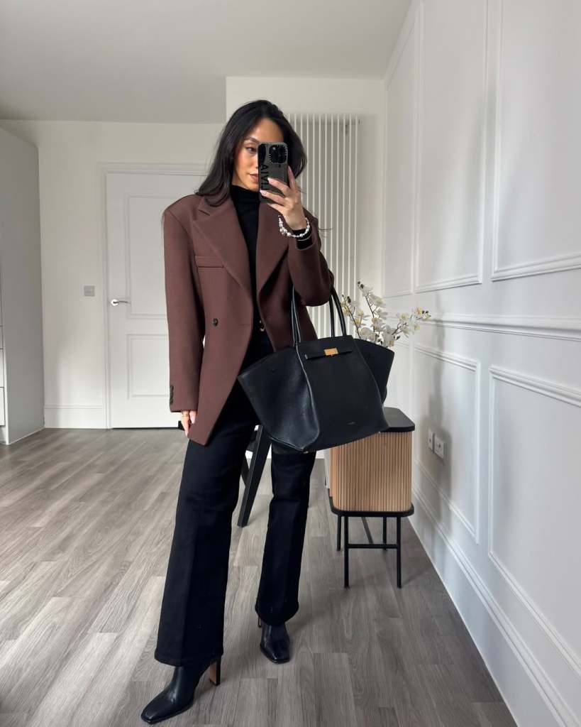 Brown Oversized Blazer Over Black Turtleneck and Trousers — Winter Work Outfits