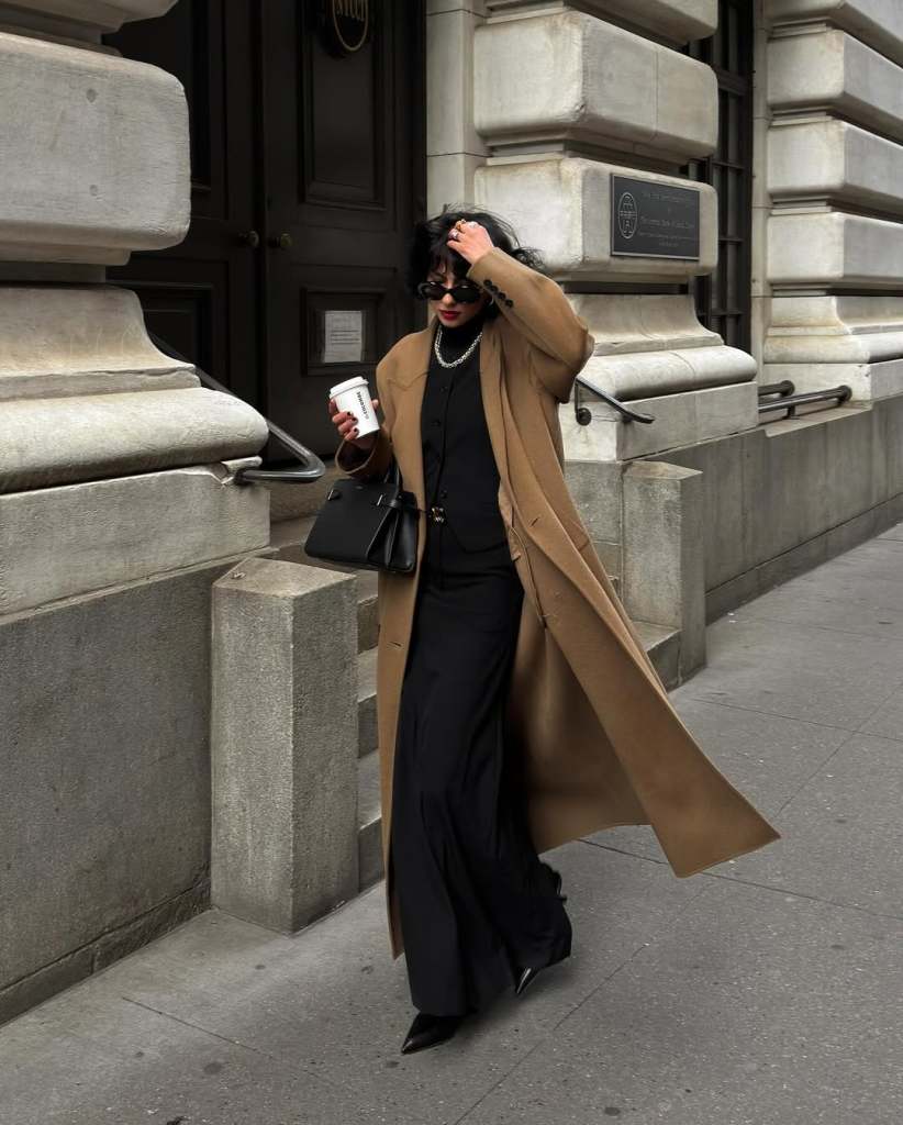 Long Camel Coat with Black Turtleneck and Vest — Winter Work Outfits