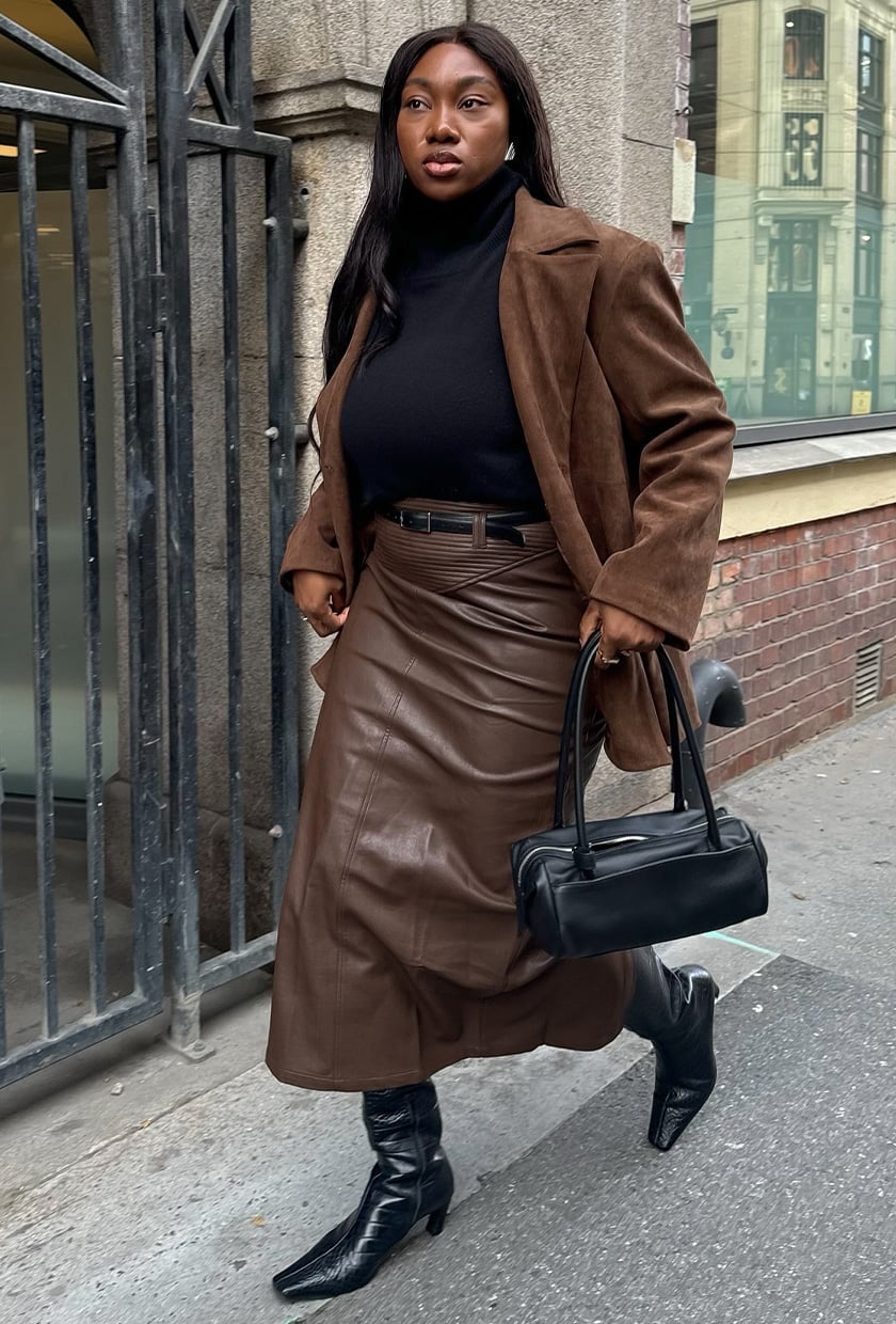 Leather Midi Skirt and Suede Blazer for Textured Work Style — Winter Work Outfits