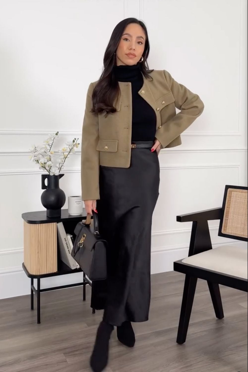 Khaki Cropped Jacket Over a Satin Midi Skirt — Winter Work Outfits