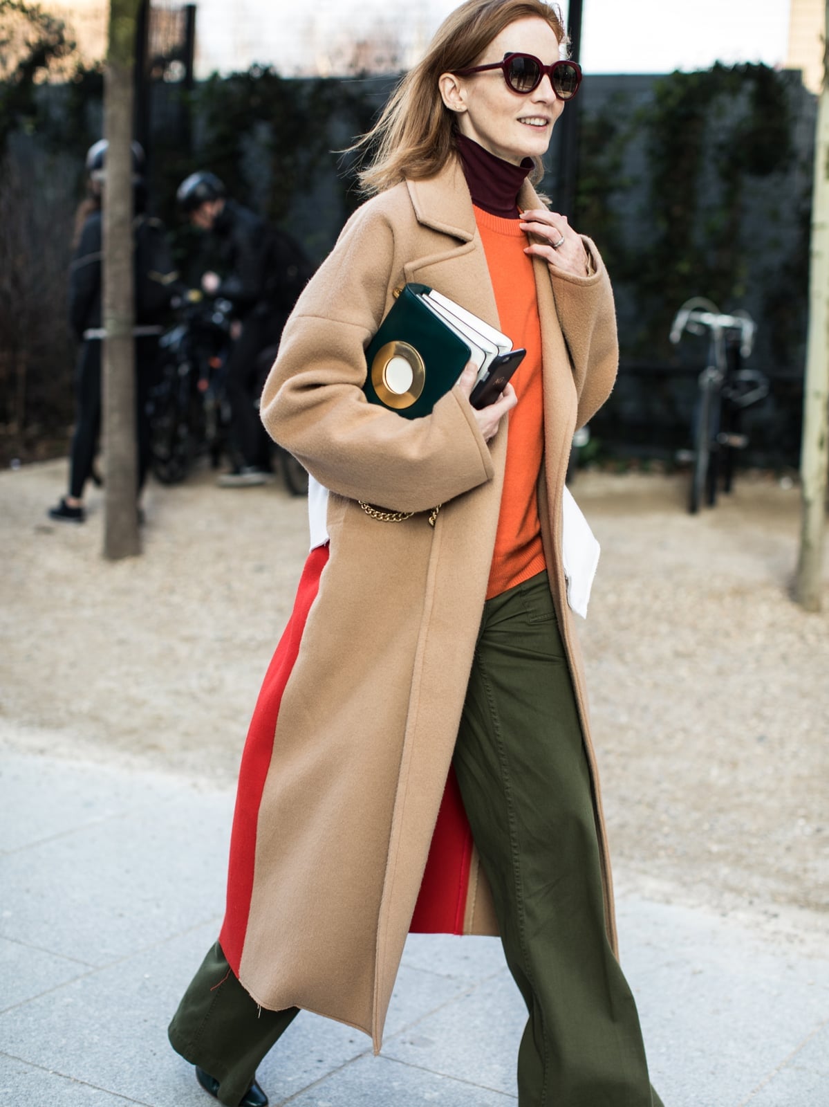 Long Camel Coat with a Bright Orange Turtleneck — Winter Work Outfits