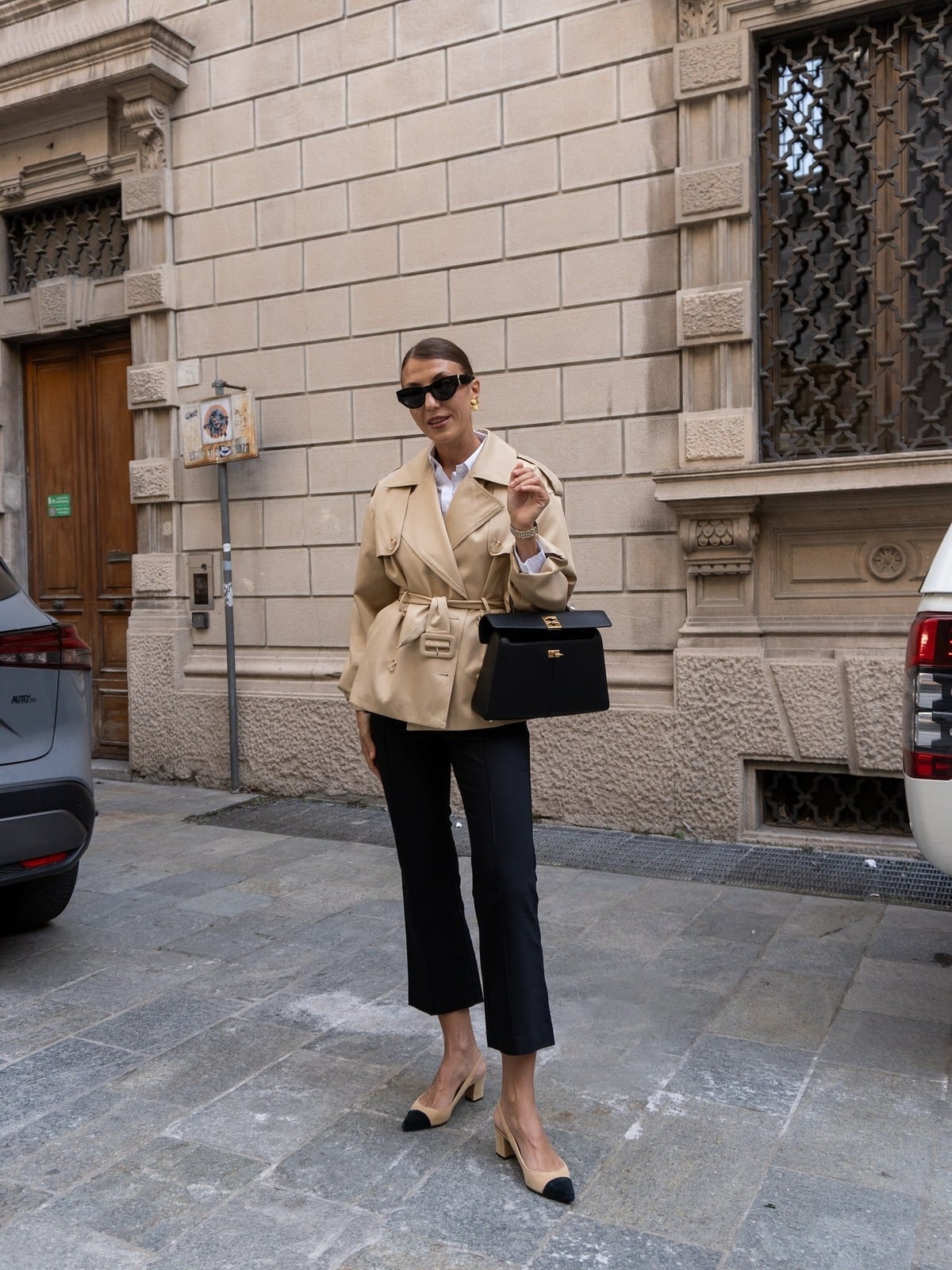 Beige Belted Trench Jacket with Navy Cropped Pants — Winter Work Outfits